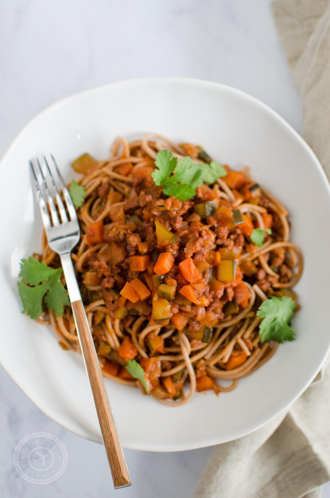 Spaghettis et sauce bolognaise aux protéines de soja texturées